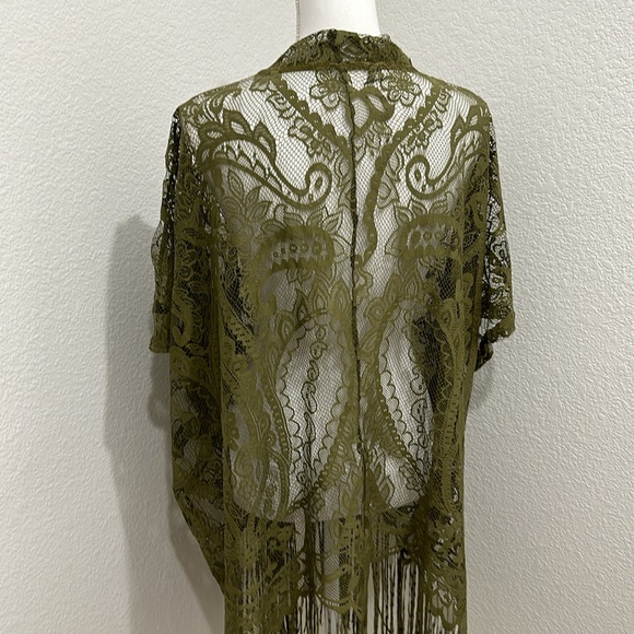 Emerette Lacey Fringe Boho kimono cardigan shawl army green Small - Picture 4 of 5